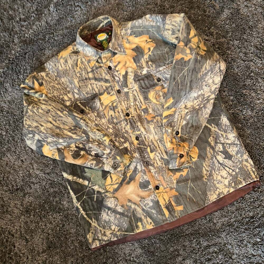 Cabela's Mossy Oak Camo Quilted Lined Button Down Shirt Size M Reg L8